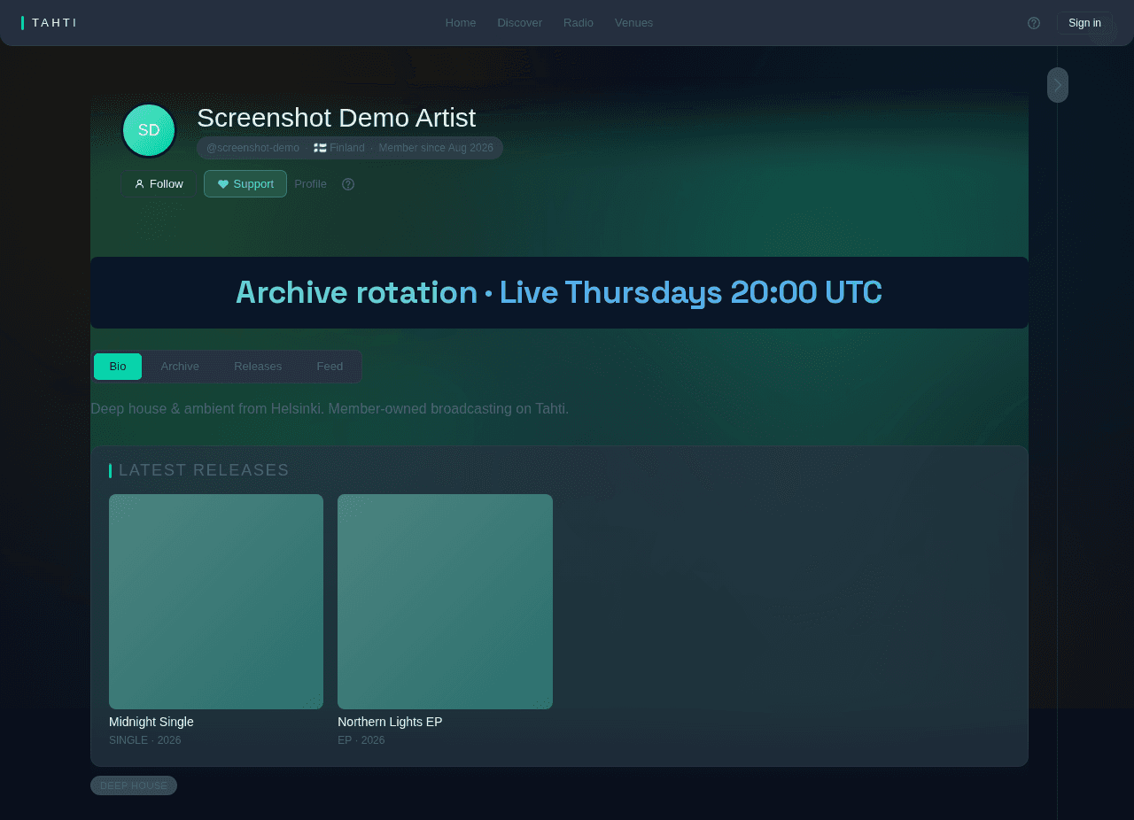 Channel page — live broadcast, archive, and chat