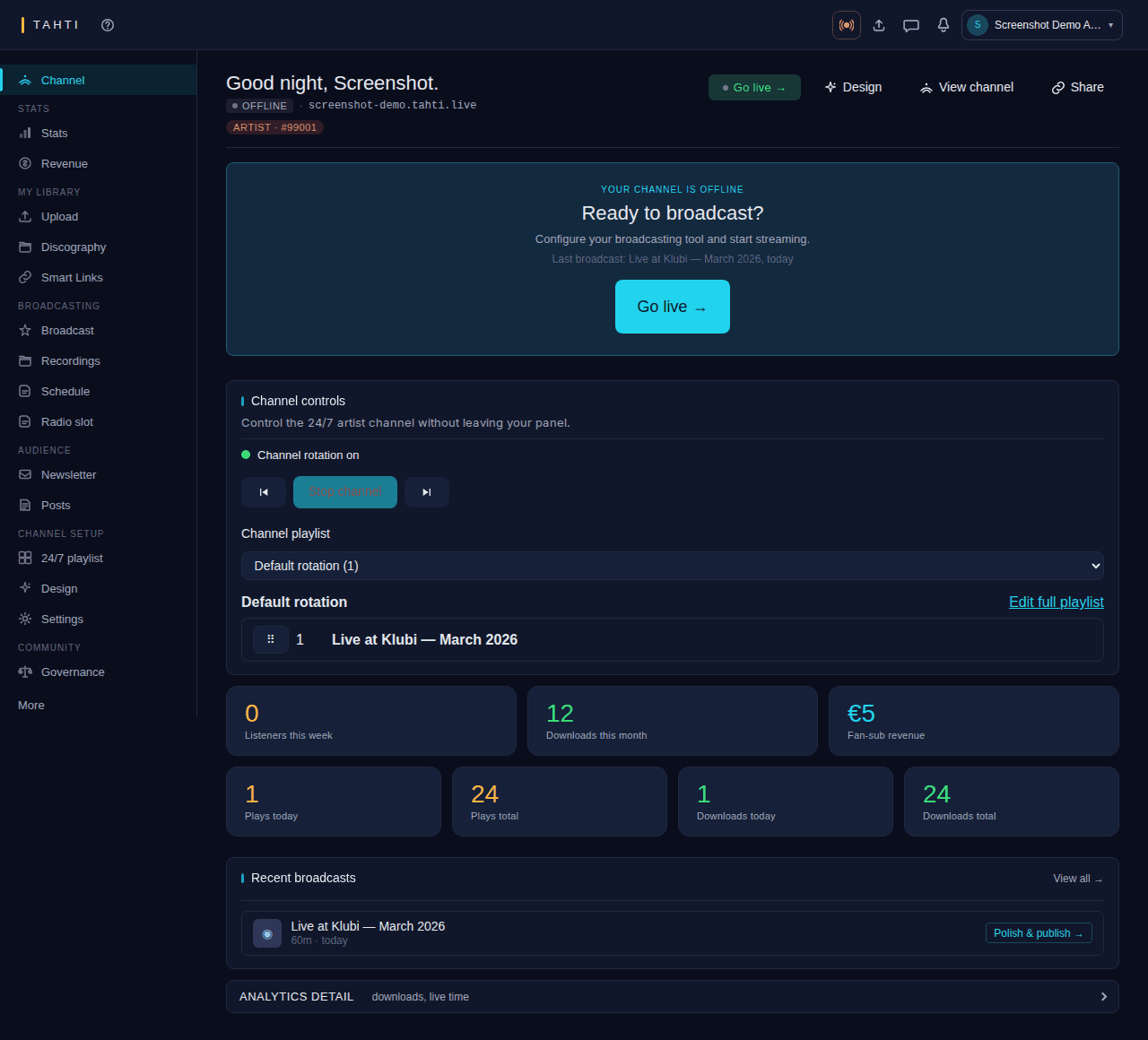 Artist dashboard — broadcast, library, releases, stats